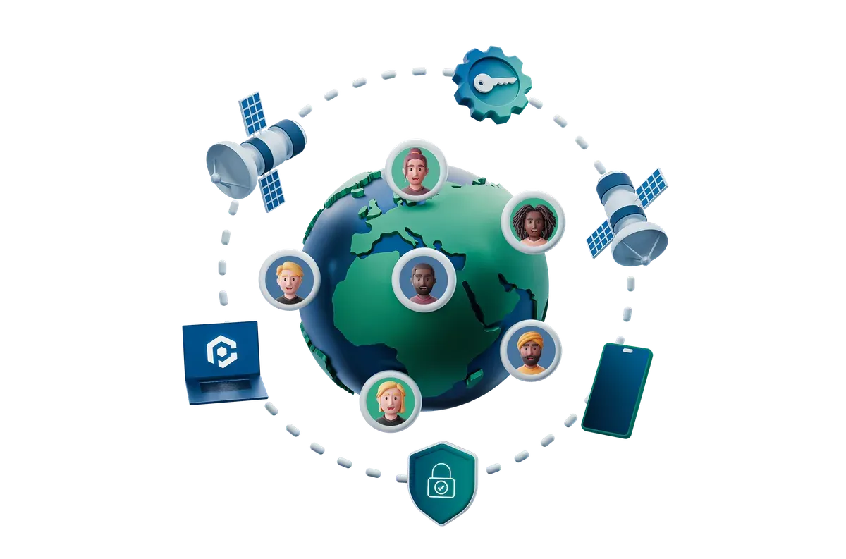 3D illustration of a telecommunications network map spanning providers and services