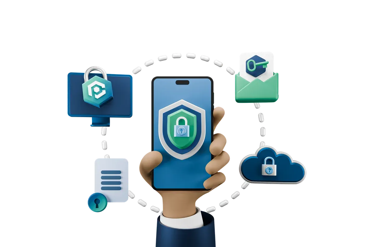 3D illustration of smartphones with cyber security icons
