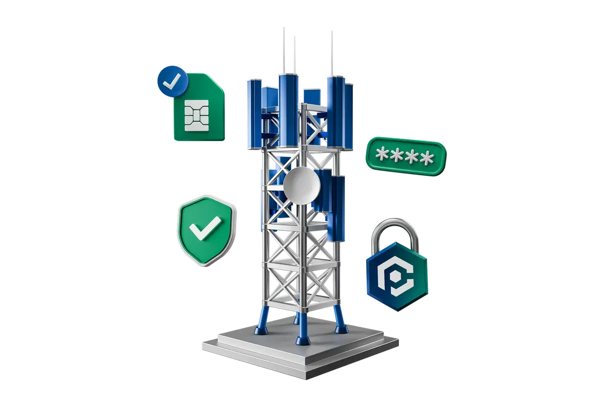 3D illustration of telecom towers protected by cyber security locks
