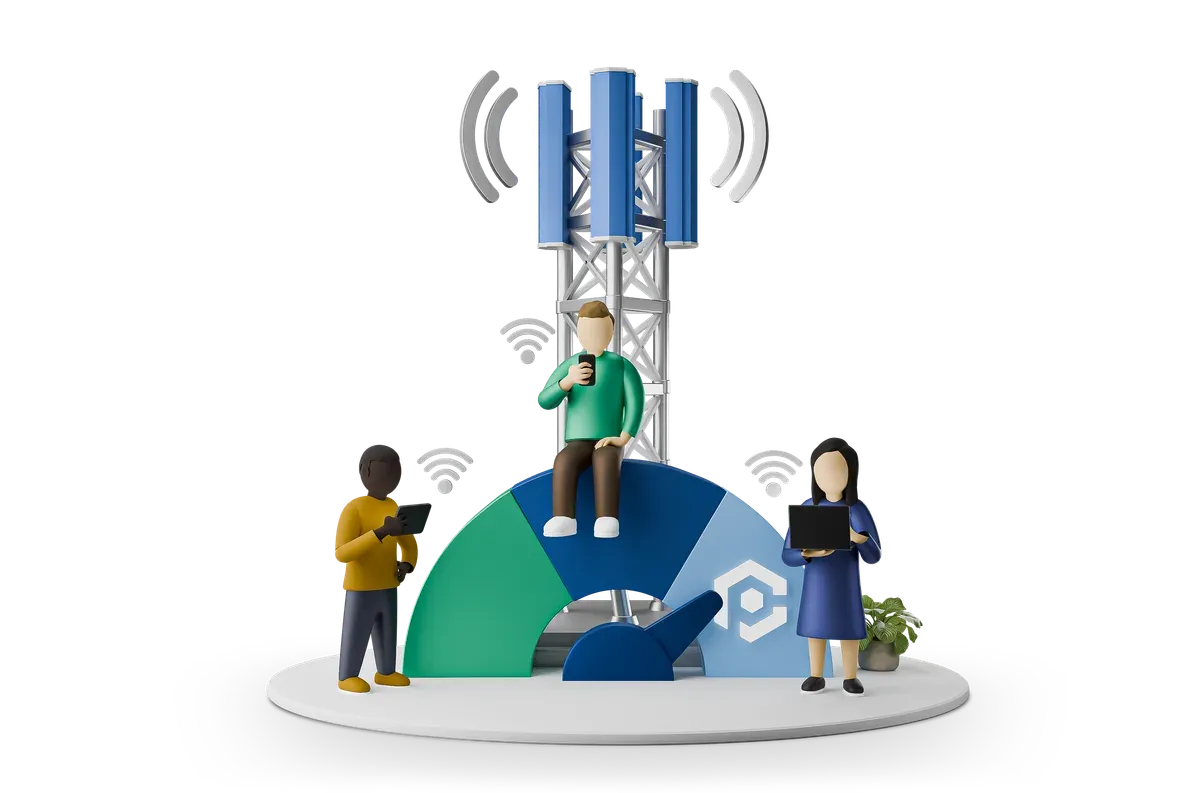 3D illustration of UK telecom service users and providers checking their tier